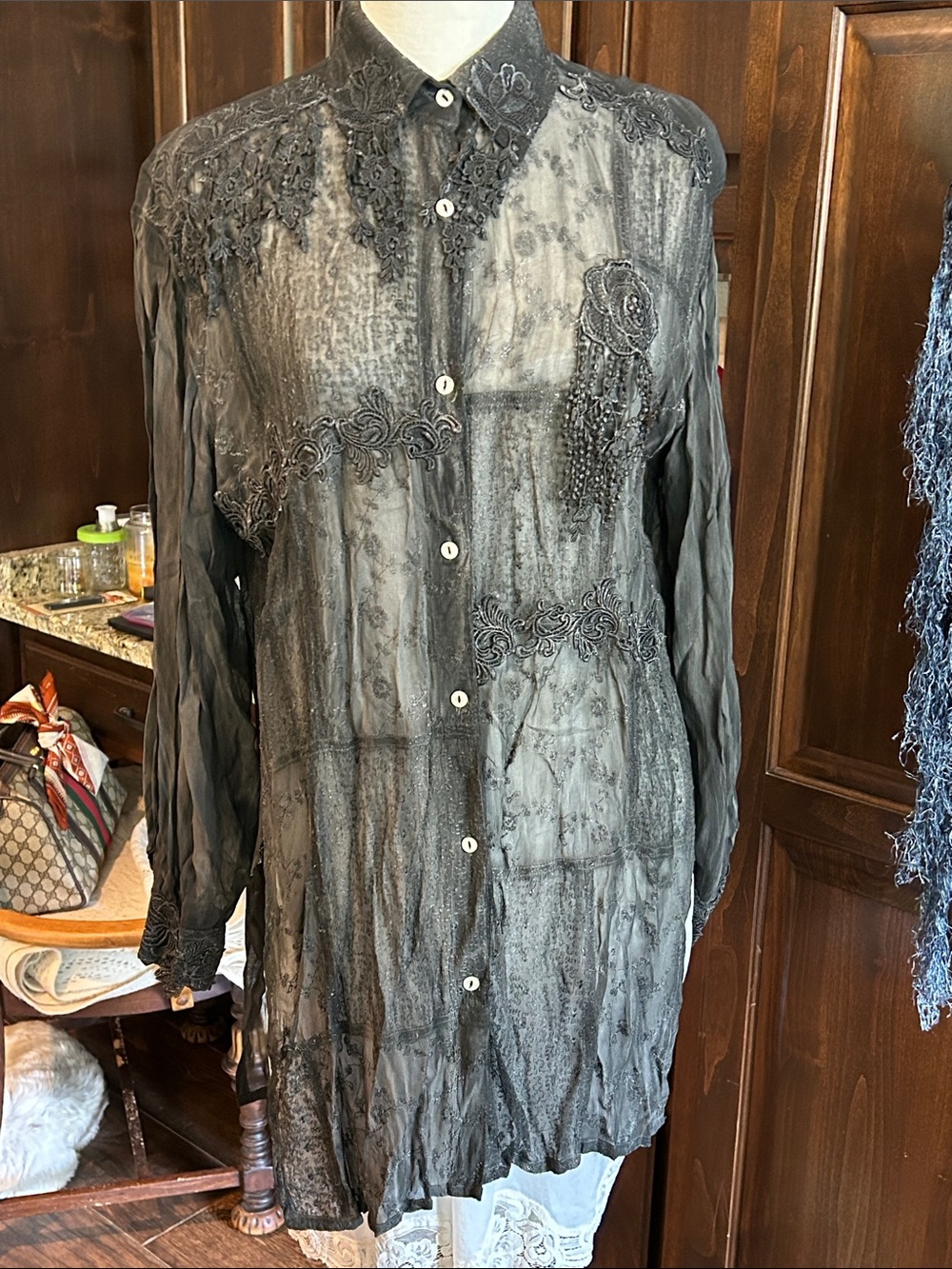 Pat Dahnke Sz M Grey Sheer Embroidered Button-Up Tunic Shirt Dress